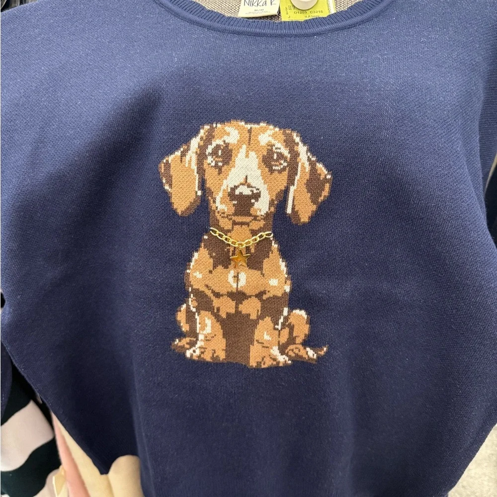 NEW Navy Blue DACHSHUND DOG with gold collar with charm Sweater (MEDIUM) - Picture 5 of 10